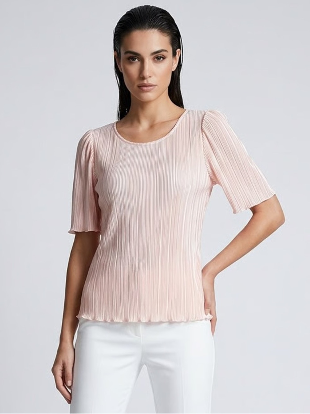 ANN TAYLOR | Baby Pink Crinkle Lettuce Hem Satin Blouse Sz M